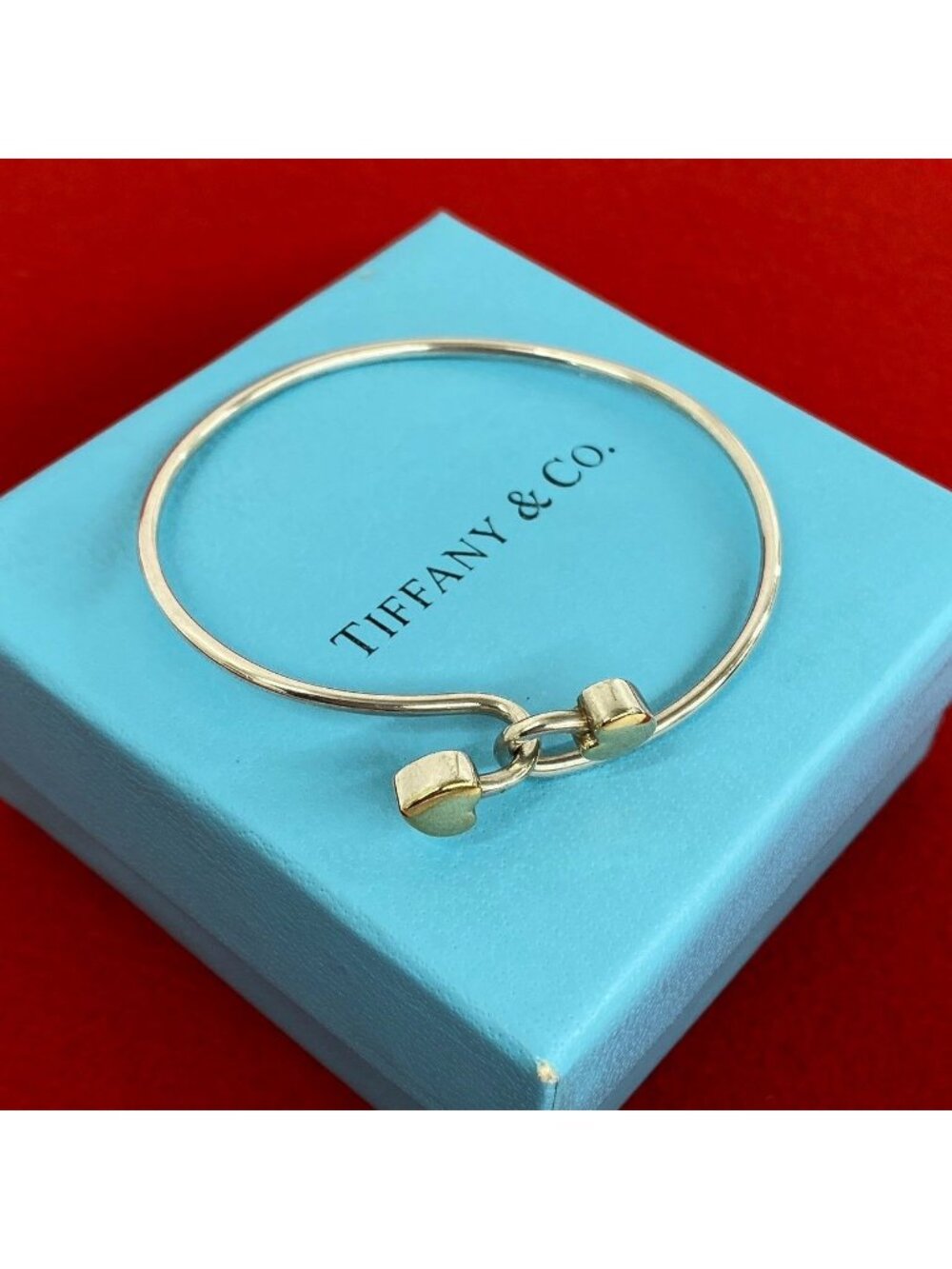 Tiffany & Co Vintage Solid Double Heart Hook Bangle Silver Gold Bracelet